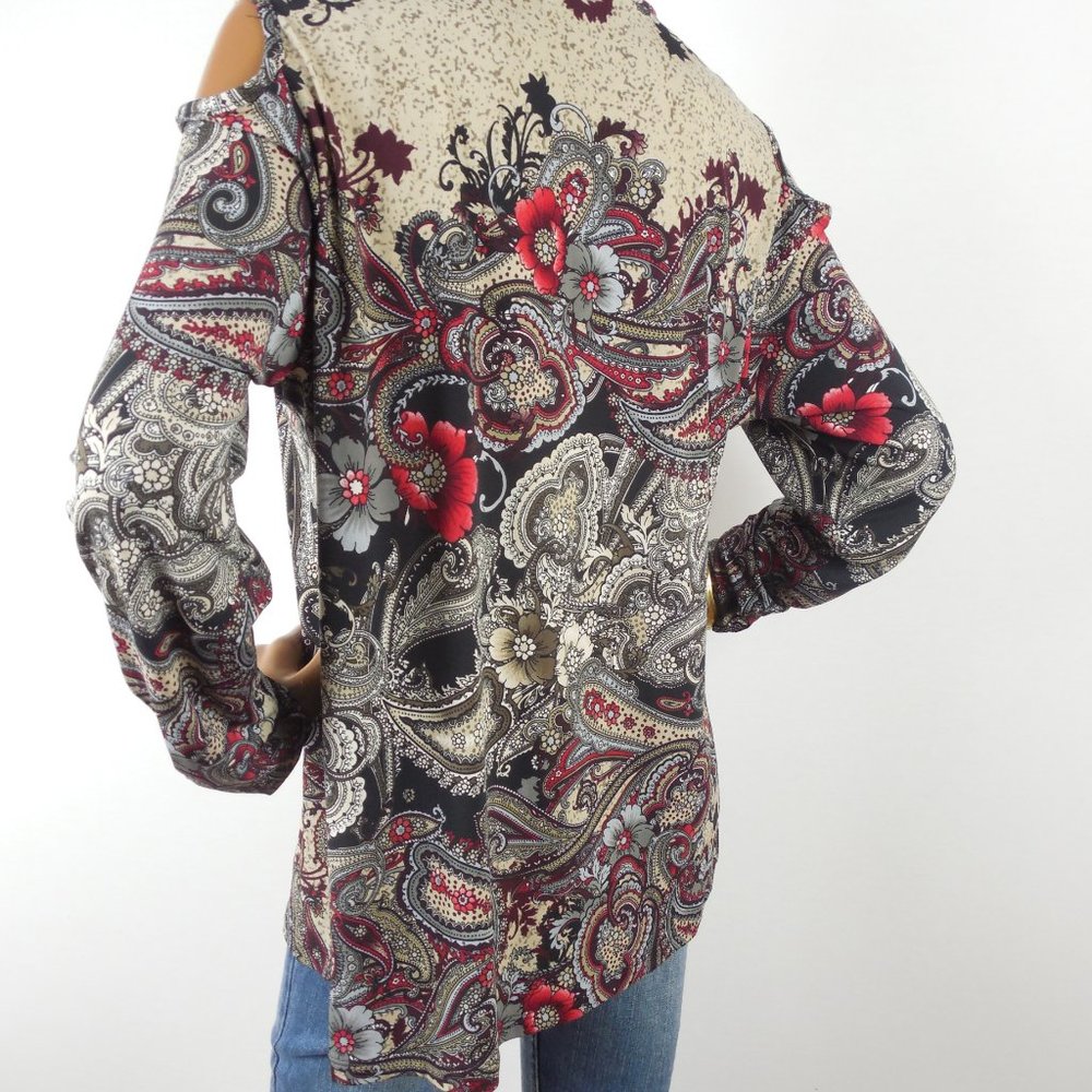 SUSAN GRAVER Top L Cold Shoulder Shirt Stretch Long Sleeve Paisley/Floral Casual - Picture 7 of 11